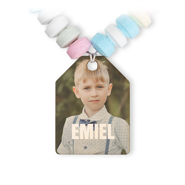 Collier de bonbons et étiquette en bois avec photo - lot de 12