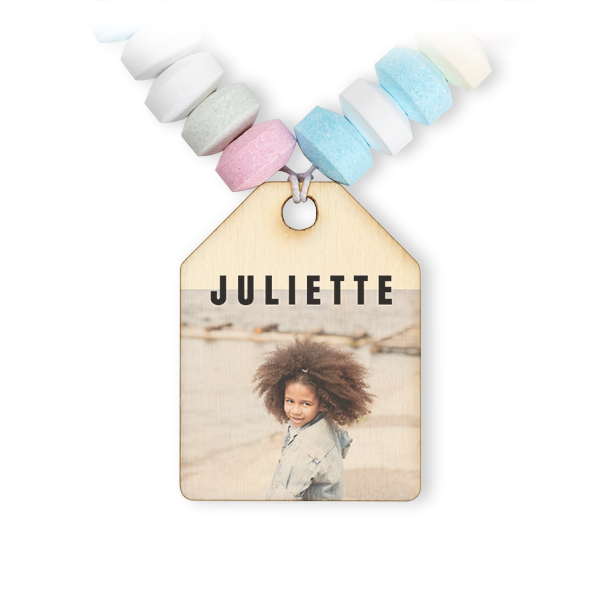 Collier de bonbons et étiquette en bois avec photo - lot de 12