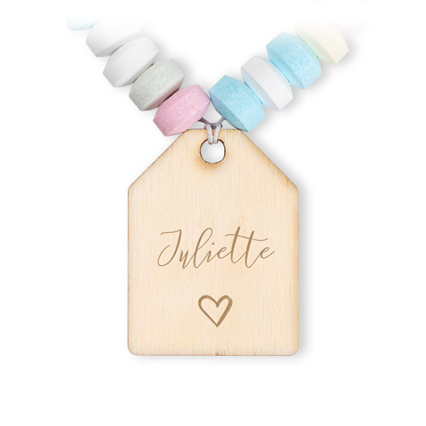 Candy necklace with engraved wooden label - Set of 12