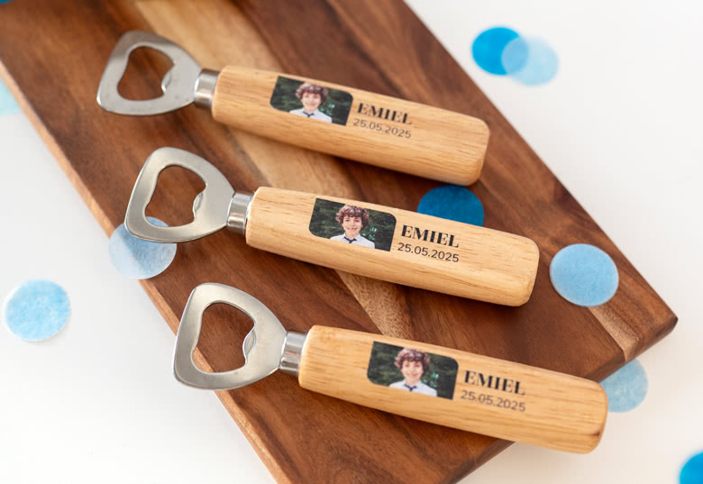 Personalised wooden bottle opener set of 12 