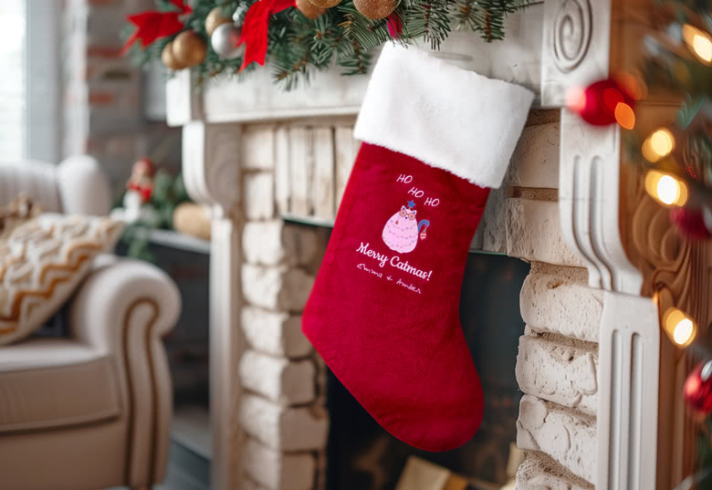 Rød julestrømpe med hvit mansjett, personliggjort med en rosa katteillustrasjon, "Merry Catmas!"-tekst og tilpasset navn.