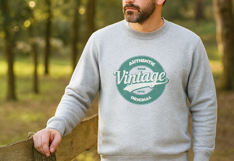 Schwarze und graue Pullover mit dem Text 'plant person', auf Holzbuergeln haengend.